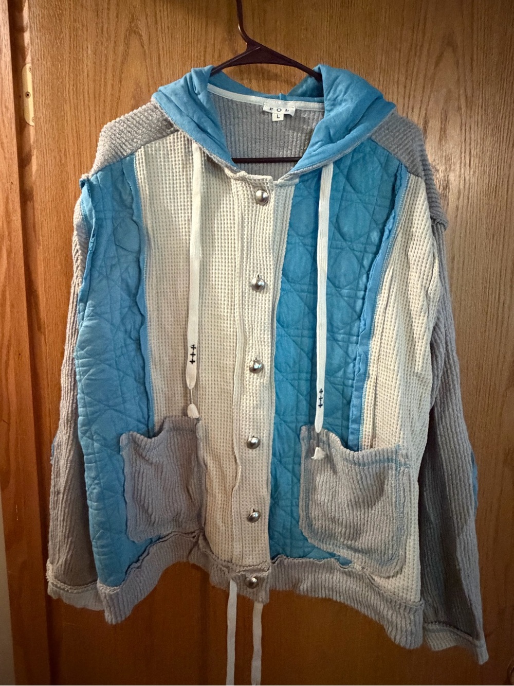 POL Quilted Hooded Jacket in Light Blue and Gray